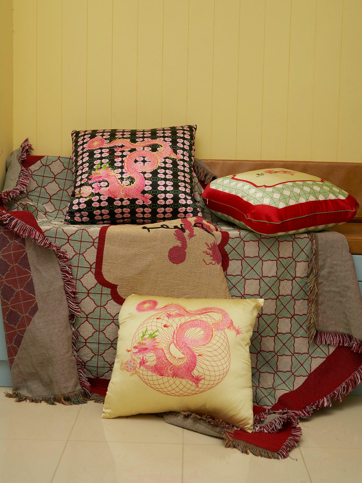XI XING LE - Peony and Imperial Dragon Satin Cushion