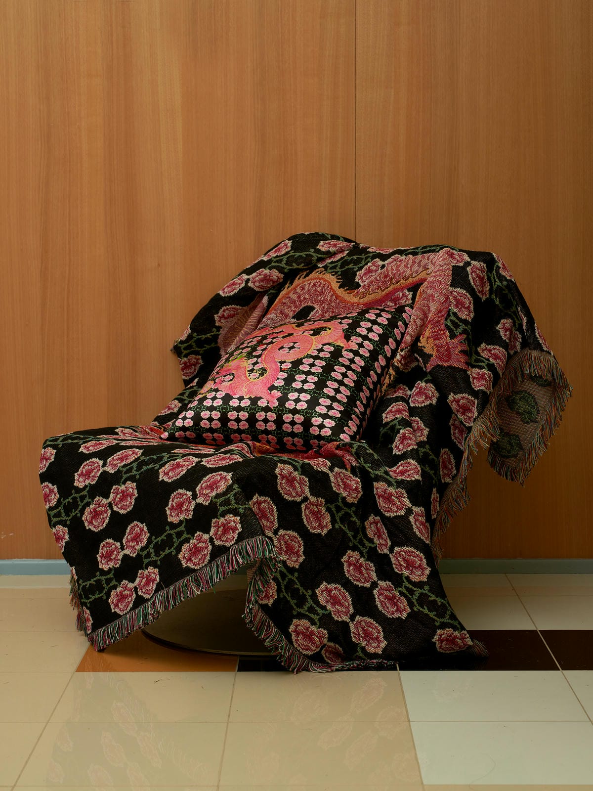 XI XING LE - Peony and Imperial Dragon Satin Cushion