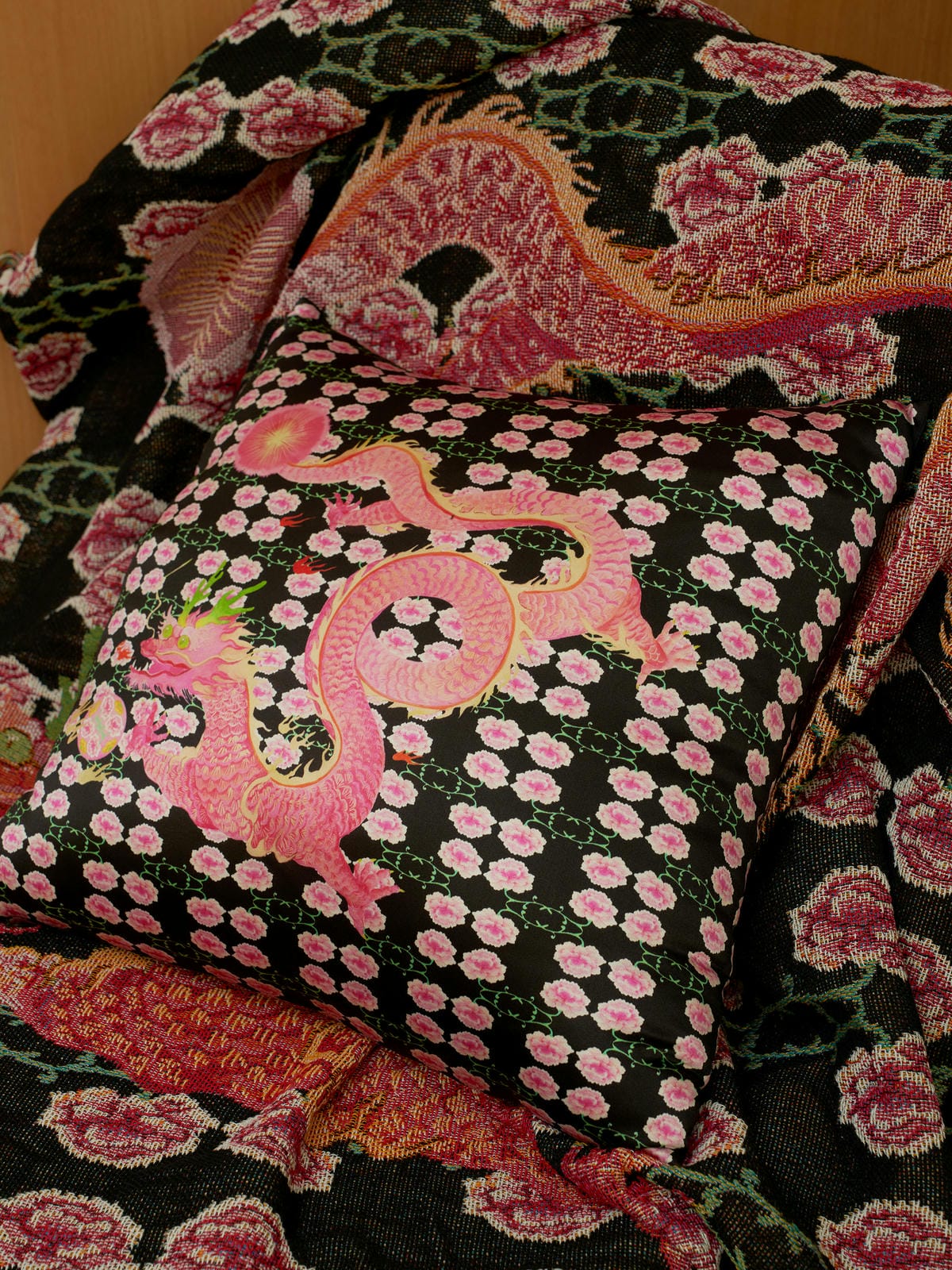 XI XING LE - Peony and Imperial Dragon Satin Cushion