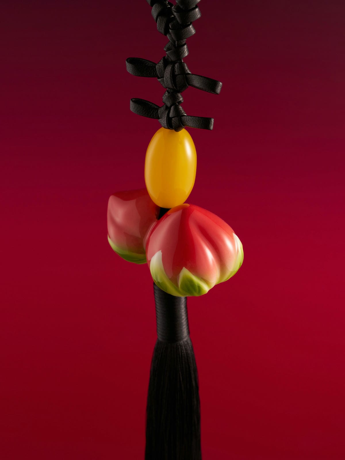 XI XING LE - Black Leather Tassel Peach Pendant (Car/Bag Chain)