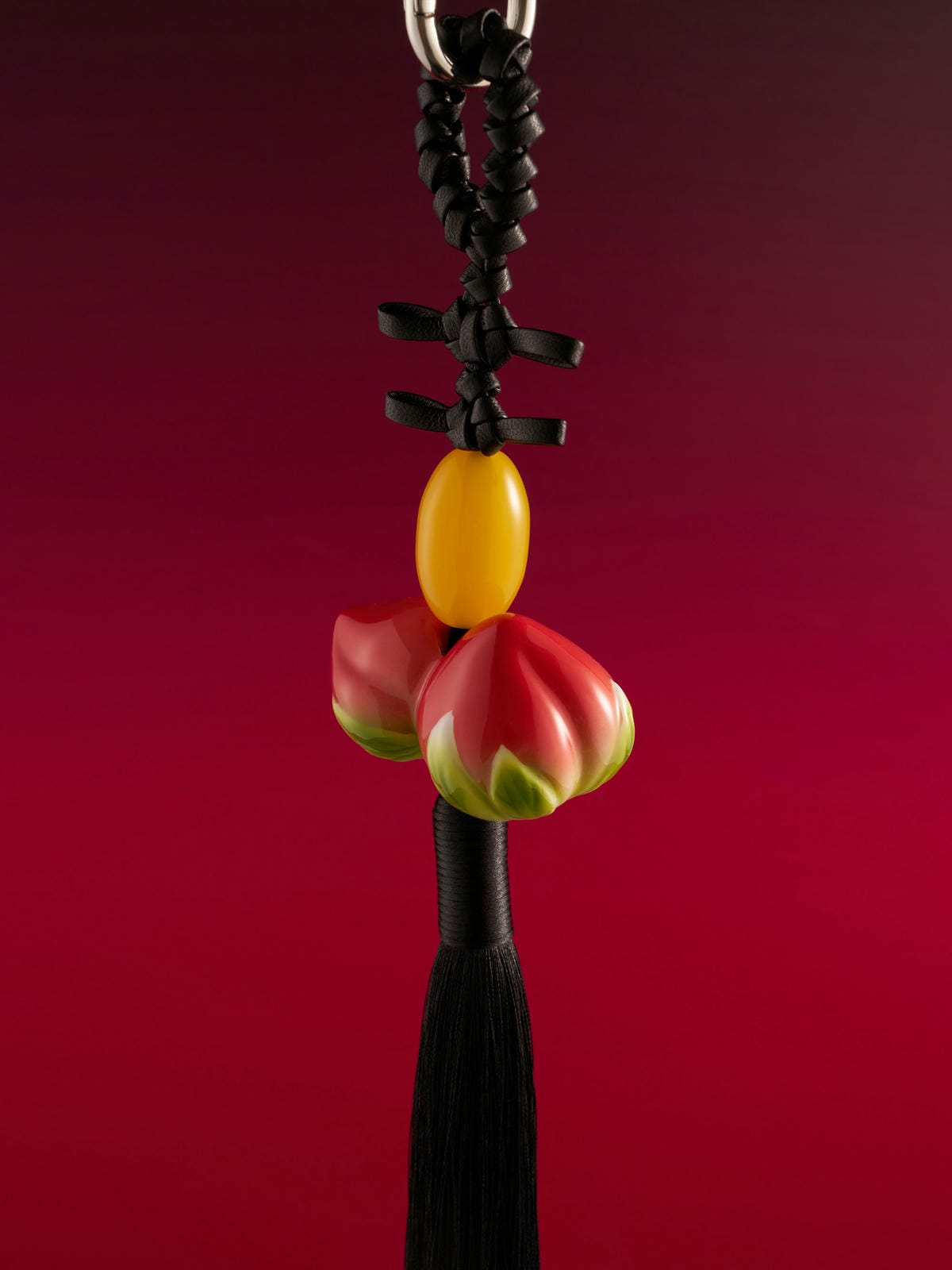 XI XING LE - Black Leather Tassel Peach Pendant (Car/Bag Chain)