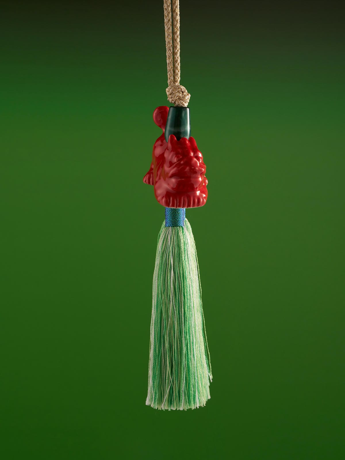XI XING LE - Fiery Red Auspicious Kirin with Jade Green Tassel Pendant (Car/Bag Hanging Chain)