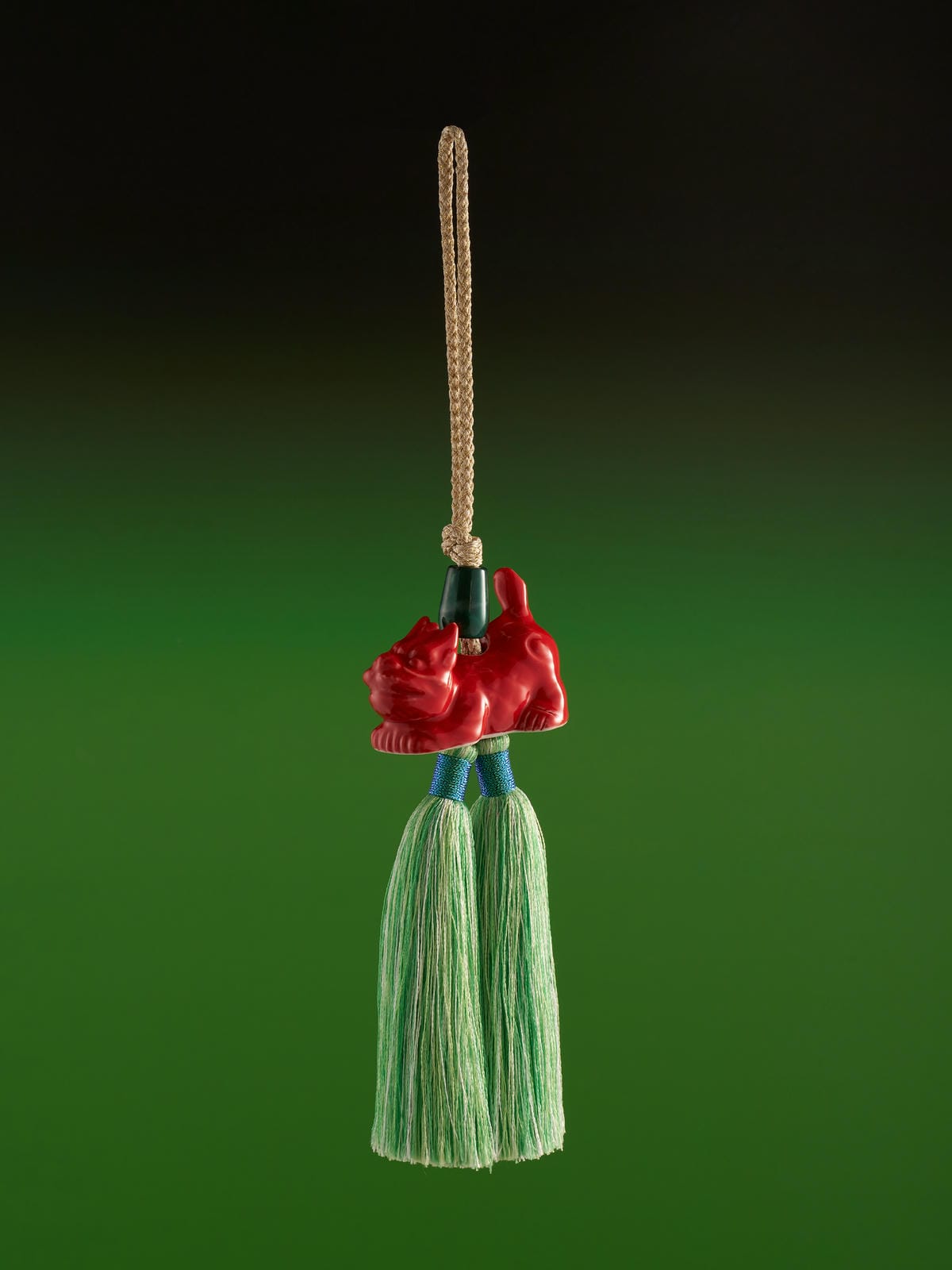 XI XING LE - Fiery Red Auspicious Kirin with Jade Green Tassel Pendant (Car/Bag Hanging Chain)
