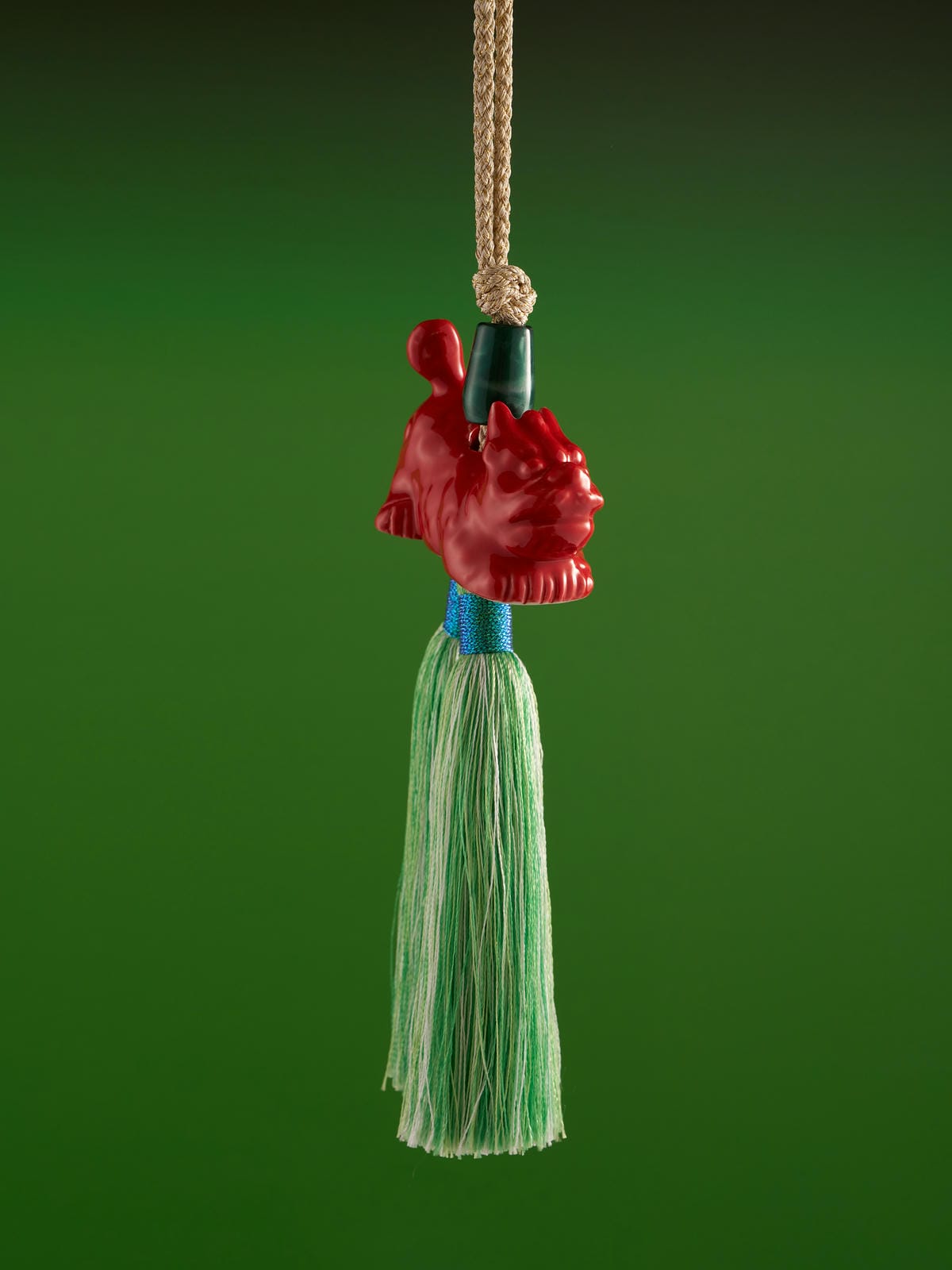 XI XING LE - Fiery Red Auspicious Kirin with Jade Green Tassel Pendant (Car/Bag Hanging Chain)