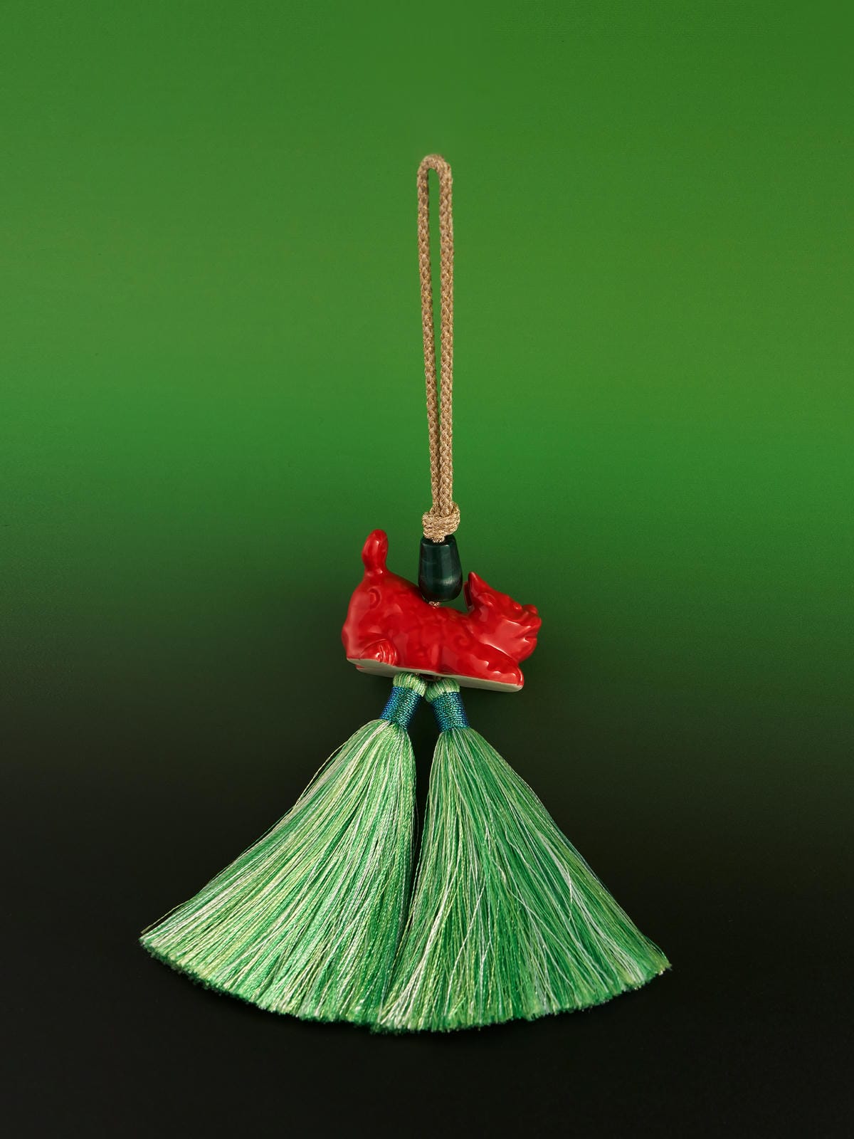 XI XING LE - Fiery Red Auspicious Kirin with Jade Green Tassel Pendant (Car/Bag Hanging Chain)