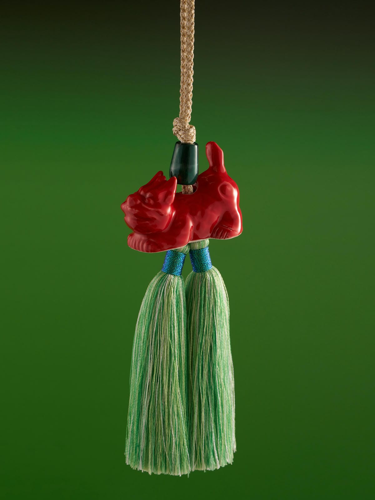 XI XING LE - Fiery Red Auspicious Kirin with Jade Green Tassel Pendant (Car/Bag Hanging Chain)