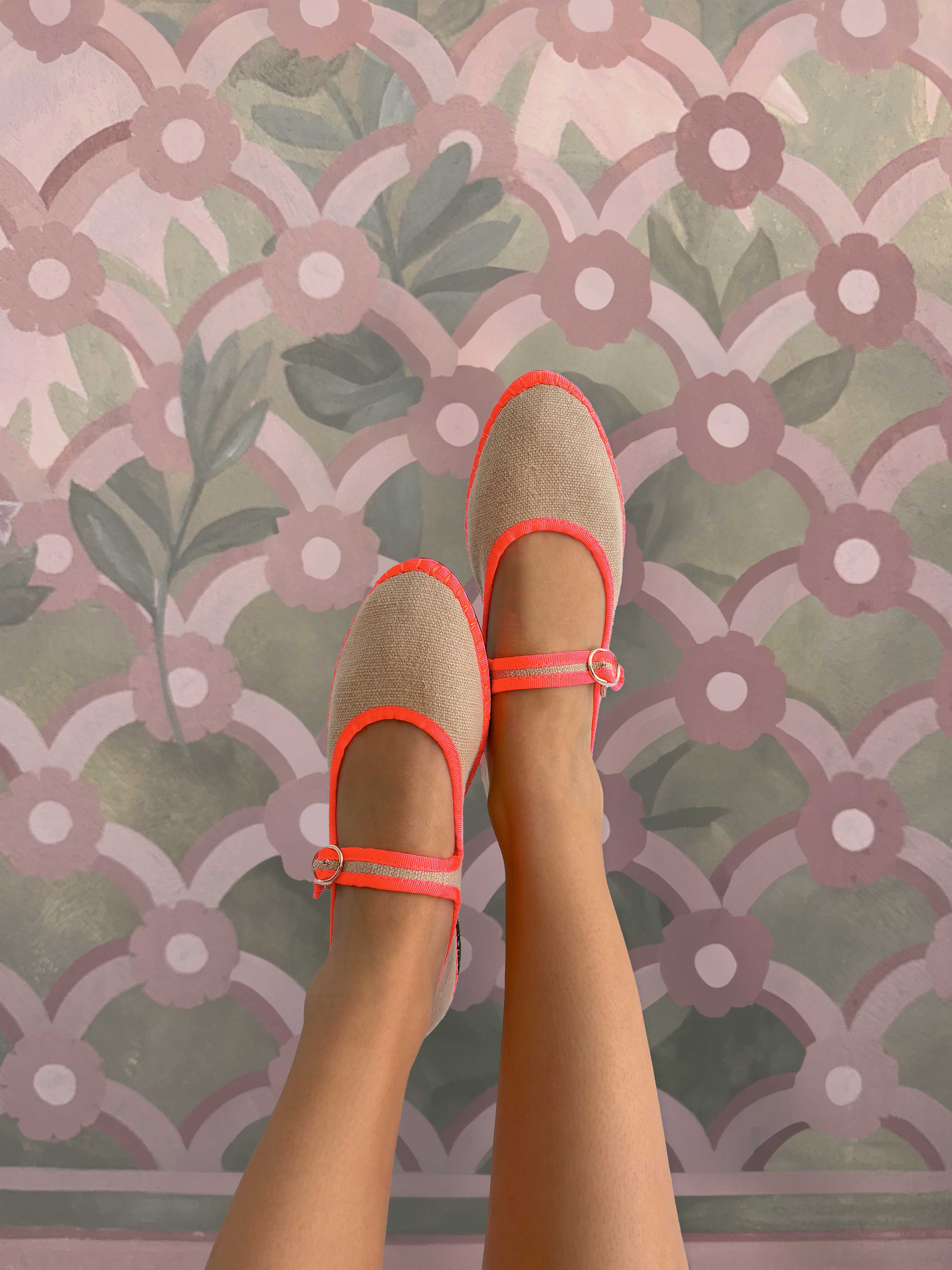 Flabelus MARA | Linen Mary Jane Flats with Neon Edge