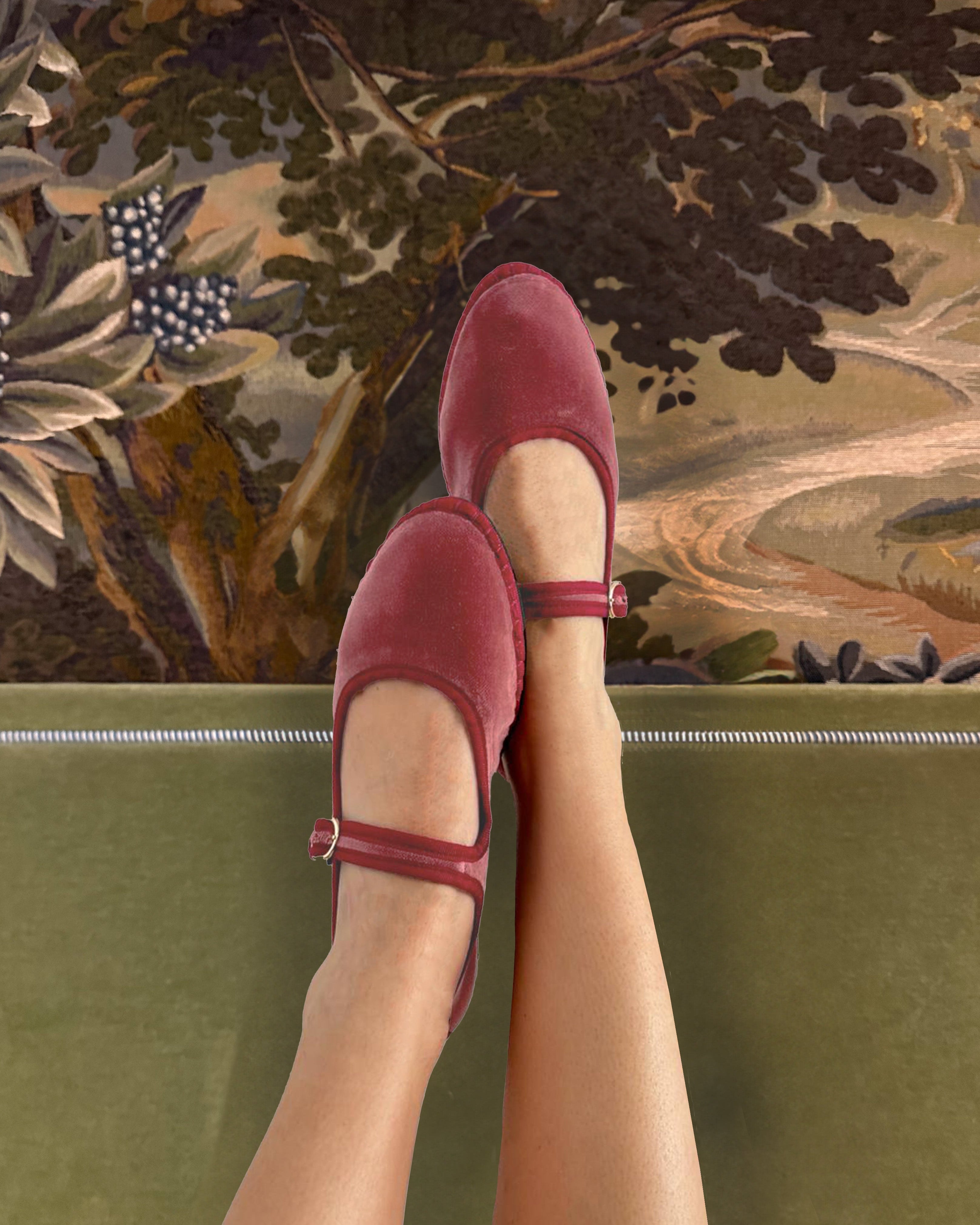Flabelus Theresa | Light Red Velvet Mary Jane Shoes