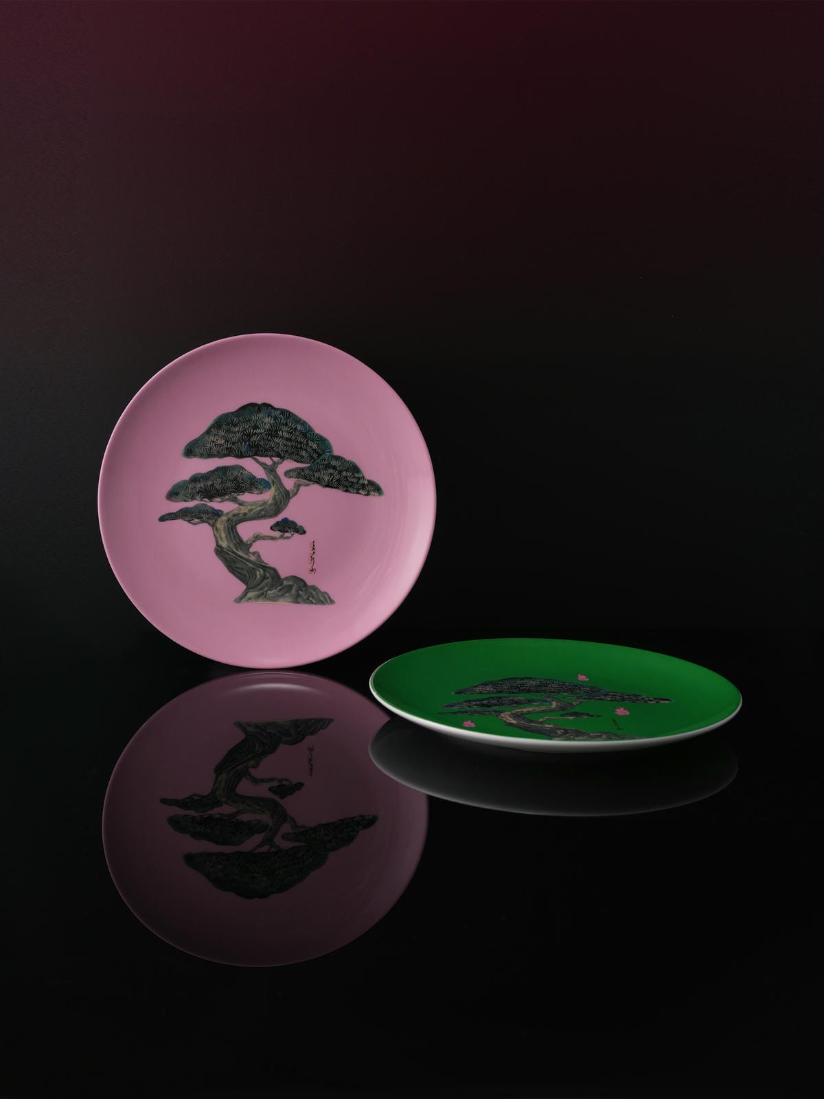 XI XING LE - Jade Pine and Cypress Plate Set - pink and green