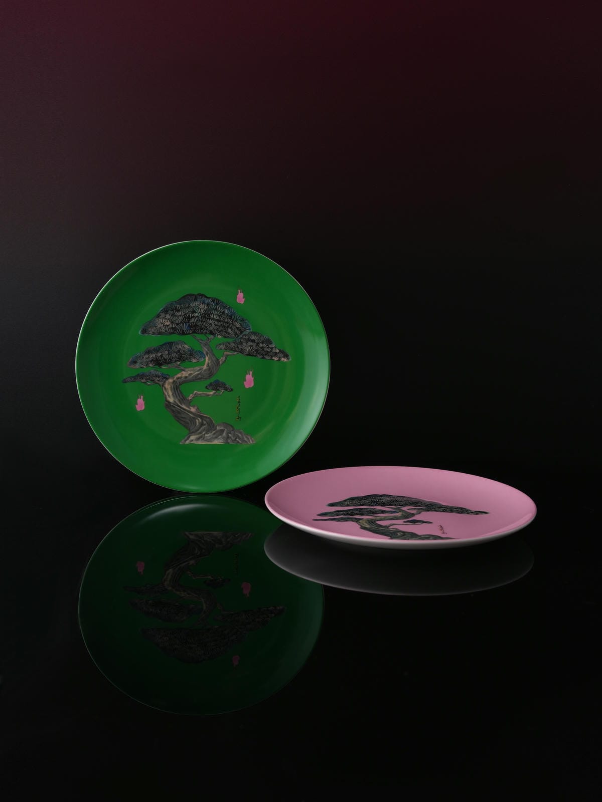 XI XING LE - Jade Pine and Cypress Plate Set - pink and green